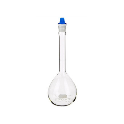FRASCO VOLUMETRICO DE 500 ML CLASE A CERTIFICADA CON TAPA DE POLIETILENO